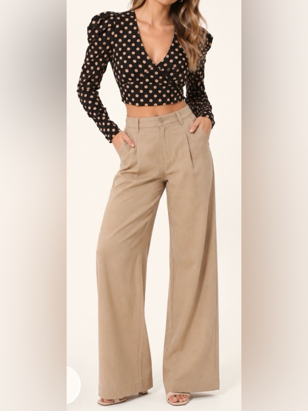 MinkPink Ayat Wrap Crop Top - NWT - Size S Polka Dot Wrap Top - Black and Tan